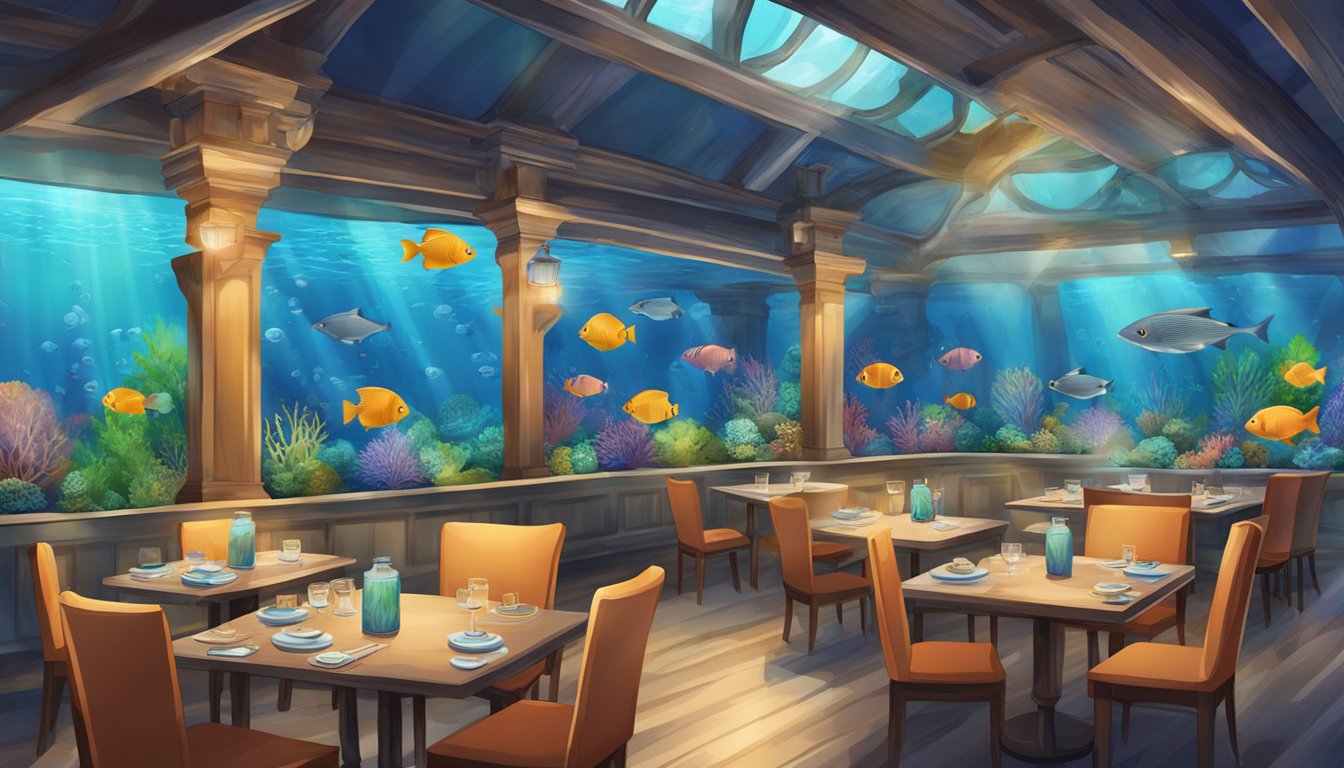 The sea aquarium restaurant features colorful fish swimming in large tanks, with coral and seaweed creating a vibrant underwater scene