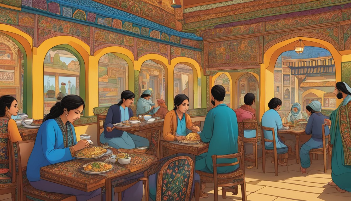 Customers peruse menu at Afghanistan family restaurant. Vibrant colors and intricate designs adorn the pages, showcasing traditional dishes