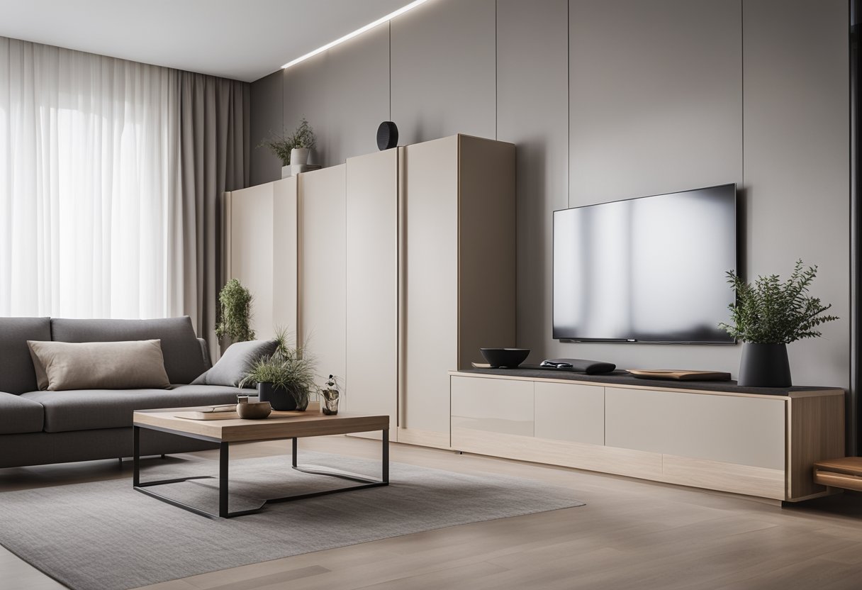 A sleek, minimalist living room with a modern cupboard as the focal point. Clean lines, neutral colors, and integrated storage solutions create a stylish and functional space