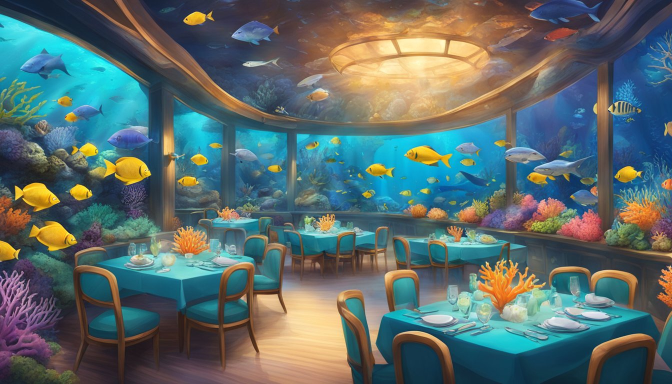 A colorful coral reef with vibrant fish and sea creatures, surrounded by diners enjoying their meals in an underwater restaurant at Discover the Depths sea aquarium