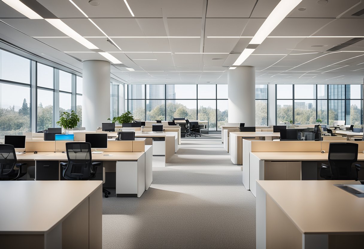 The Apple office interior features sleek, modern furniture and a minimalist color palette. Large windows let in natural light, highlighting the clean lines and open layout
