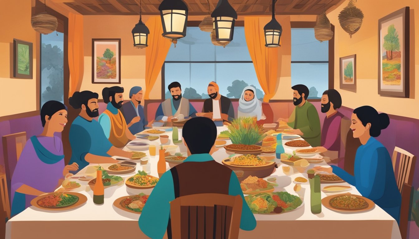 A bustling restaurant with colorful decor, traditional Afghan music, and the aroma of fragrant spices filling the air. Tables are filled with families enjoying hearty meals and lively conversation