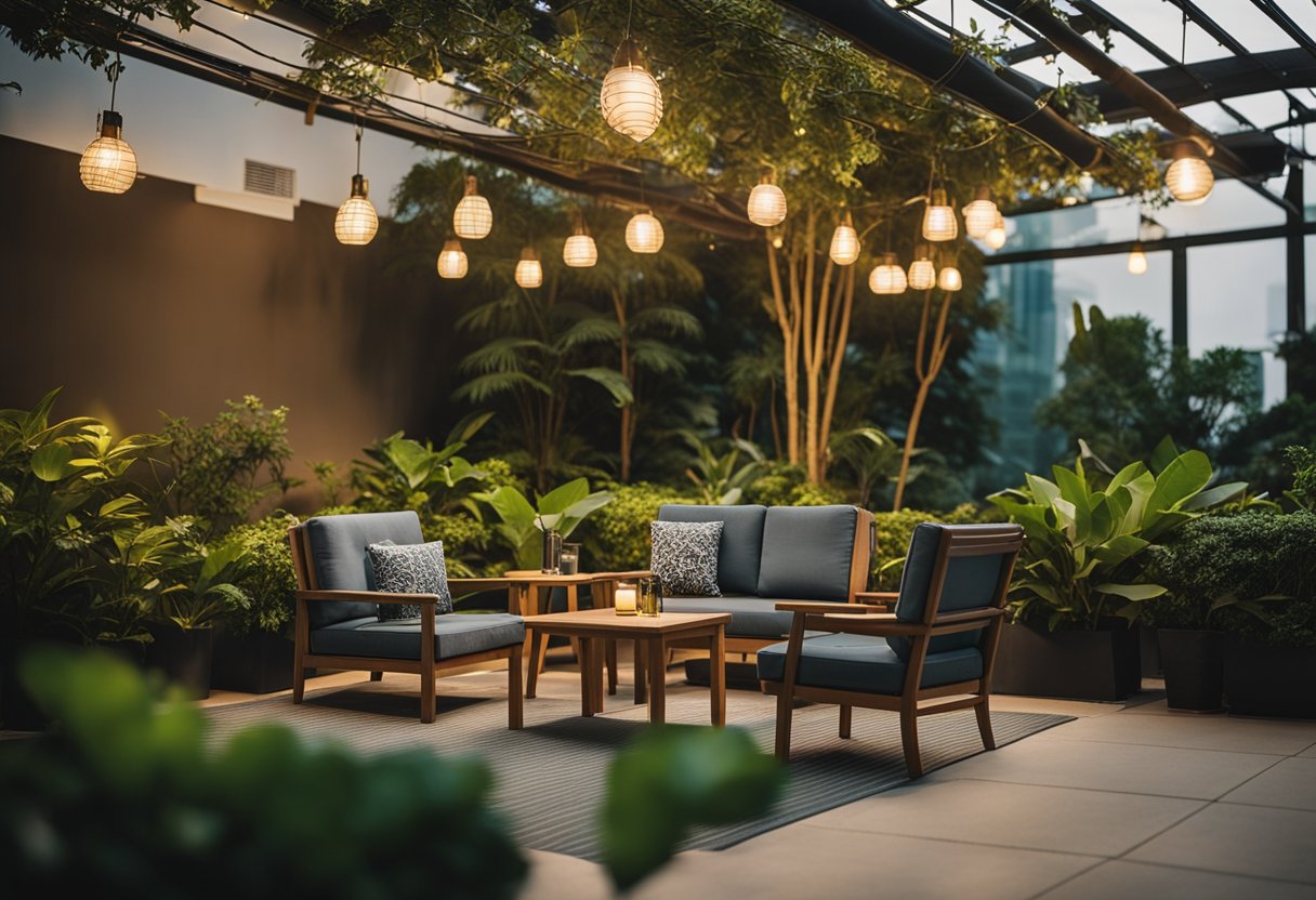 A cozy outdoor space with second-hand furniture, Singapore. Lush greenery, warm lighting, and comfortable seating create a welcoming atmosphere