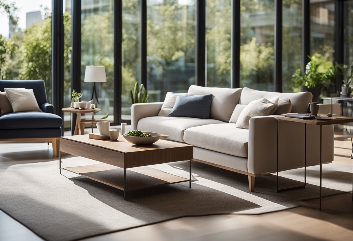 A cozy living room with modern Eden furniture, a sleek sofa, and a stylish coffee table. Bright natural light streams in through large windows, illuminating the space