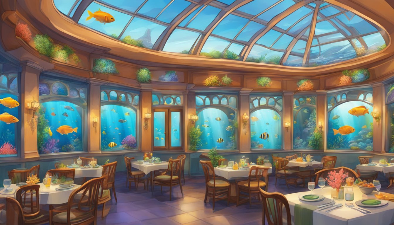 A vibrant sea aquarium with colorful fish and coral, set against the backdrop of a bustling restaurant