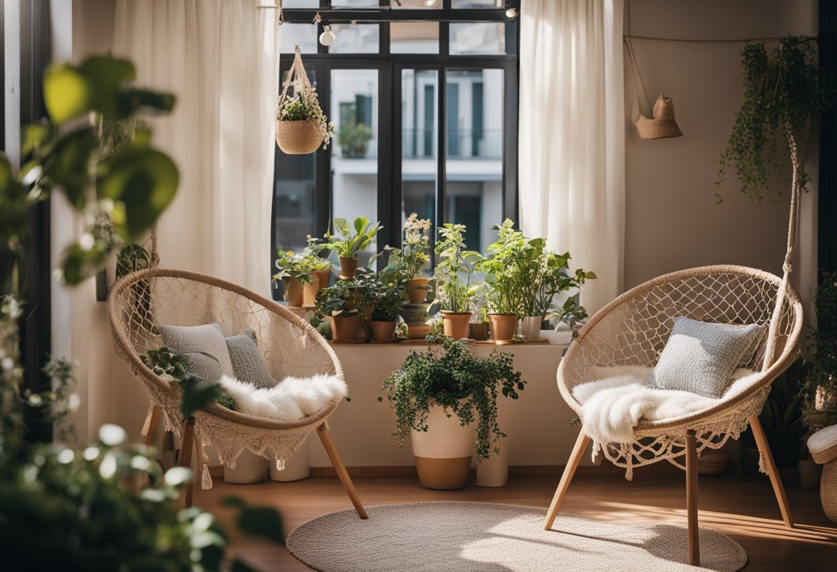 A cozy balcony with stylish furniture, potted plants, and soft lighting. A small table with two chairs, a hanging hammock, and a rug create a comfortable and inviting space