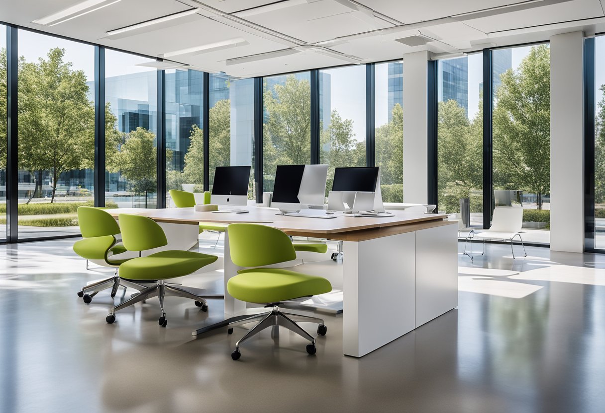 The Apple office exudes modern minimalism with sleek furniture, clean lines, and pops of vibrant color. The space is flooded with natural light, creating a bright and airy atmosphere