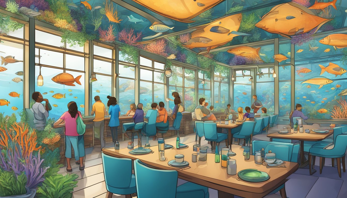 A bustling sea aquarium restaurant with colorful marine life swimming in large tanks. Customers dine surrounded by vibrant corals and schools of fish