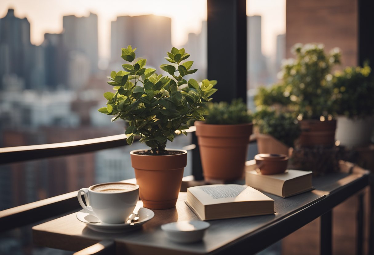 A small apartment balcony with cozy seating, potted plants, and string lights. A small table with a cup of coffee and a book. City skyline in the background