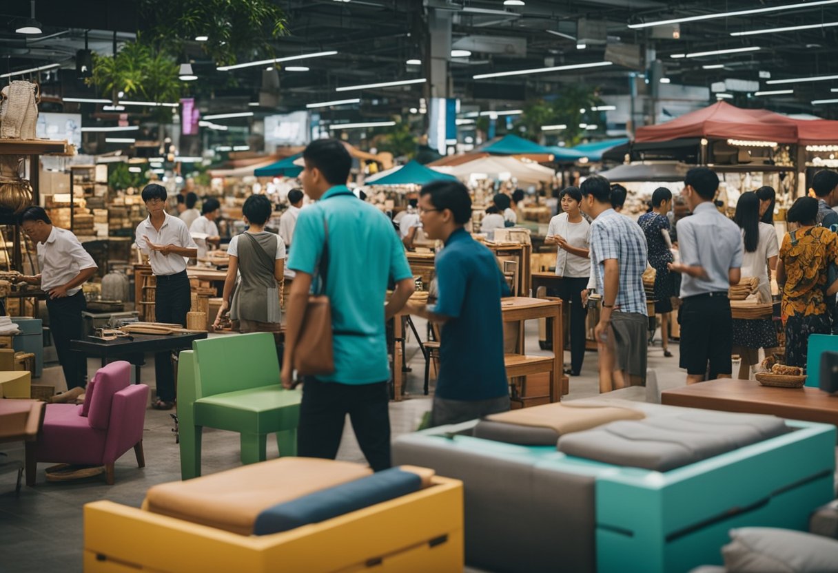A bustling outdoor furniture market in Singapore, with various vendors and customers browsing and inspecting the second-hand items. The scene is filled with colorful and diverse pieces of furniture, creating a lively and dynamic atmosphere