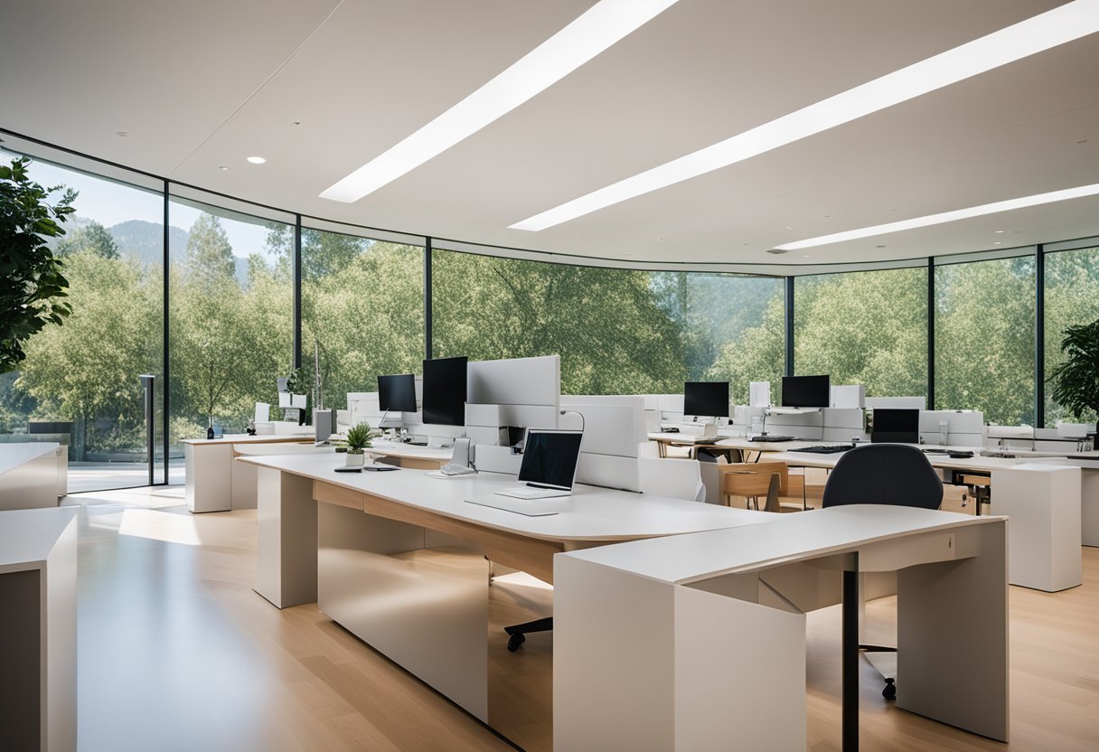 The Apple Park office interior is filled with sleek, modern design. The open space is filled with natural light, minimalist furniture, and vibrant greenery, creating an atmosphere of creativity and innovation