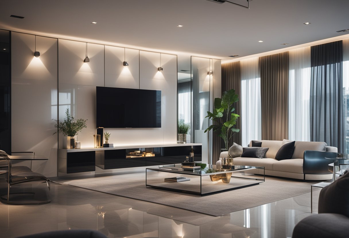 A sleek, modern living room with mirrored furniture and soft lighting