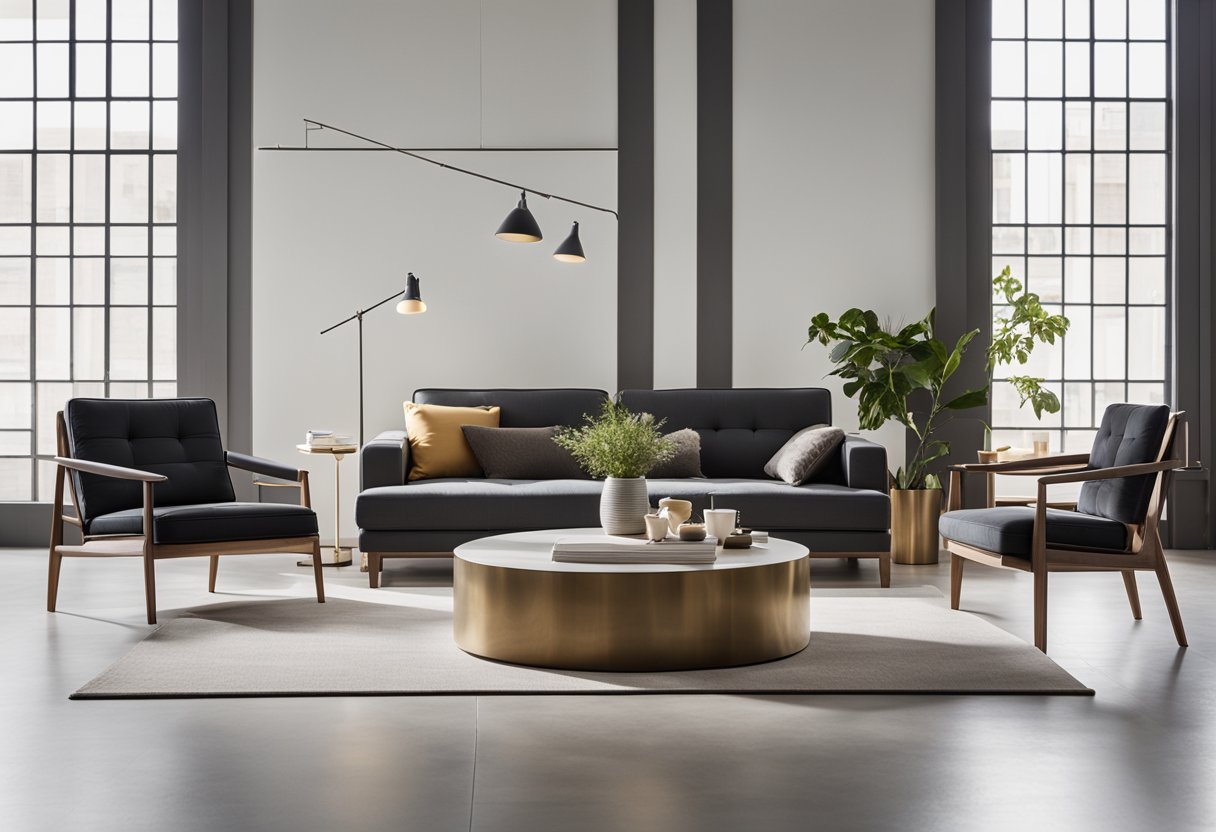 A well-lit studio showcases modern furniture collections with clean lines and sleek designs. Various pieces are arranged in a spacious, minimalist setting, creating an inviting and contemporary atmosphere