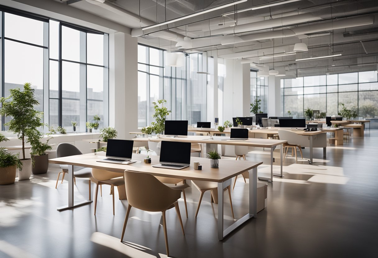 The Apple office interior features sleek, modern furniture and a minimalist color palette. Large windows let in natural light, illuminating the open workspace