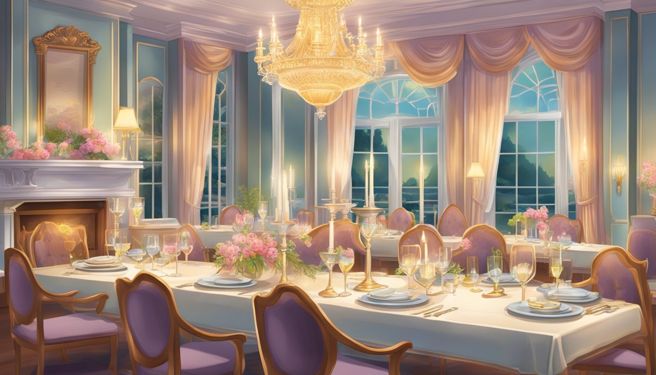 A vibrant dining room with elegant tables set with fine china and sparkling glassware, bathed in warm, soft lighting that creates a cozy and inviting atmosphere