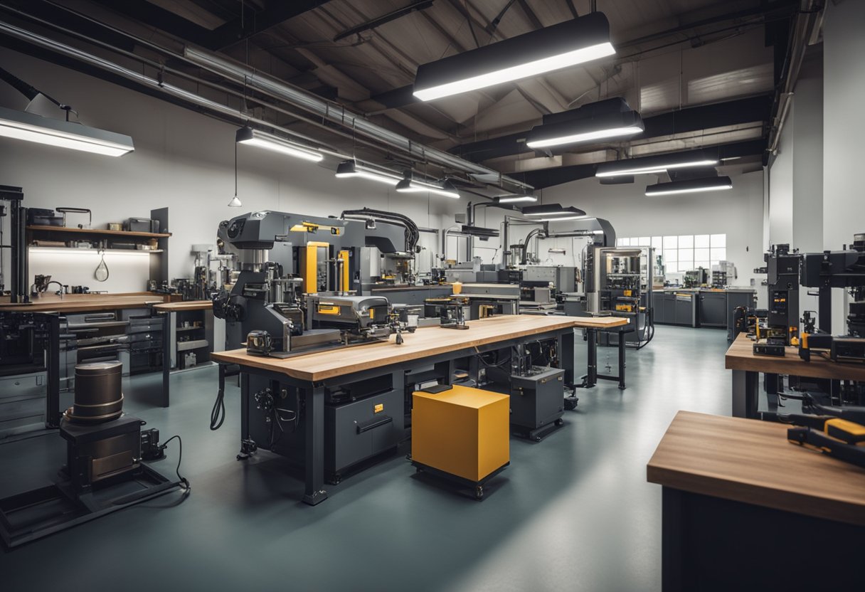 A modern workshop with advanced machinery creating sleek furniture pieces. Bright lights illuminate the space, showcasing the fusion of craftsmanship and technology