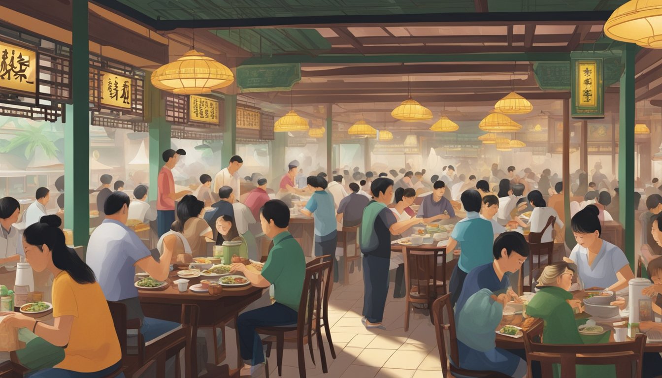 A bustling scene at Seow Choon Hua restaurant, with steaming dishes and patrons enjoying their meals