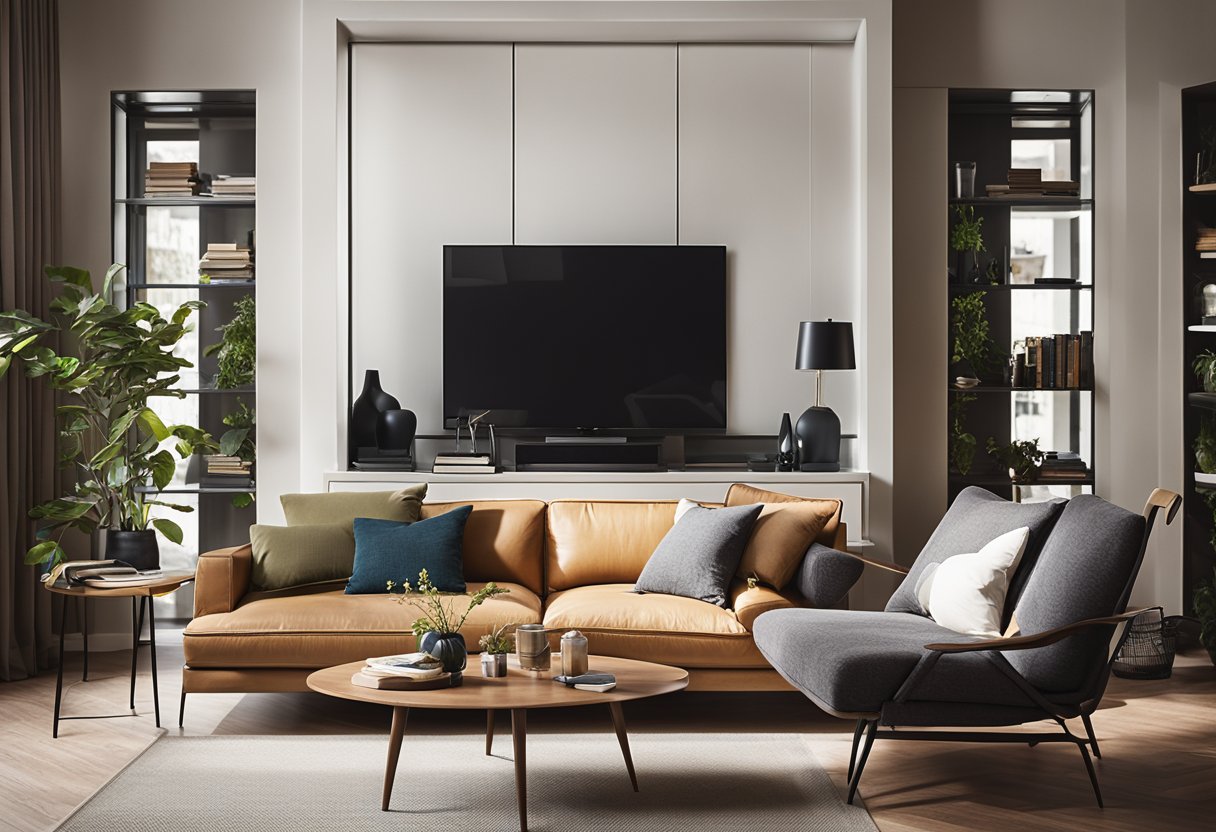 A cozy living room with modern furniture, including a sleek sofa, a coffee table, and a stylish bookshelf. The room is well-lit with natural light streaming in through large windows
