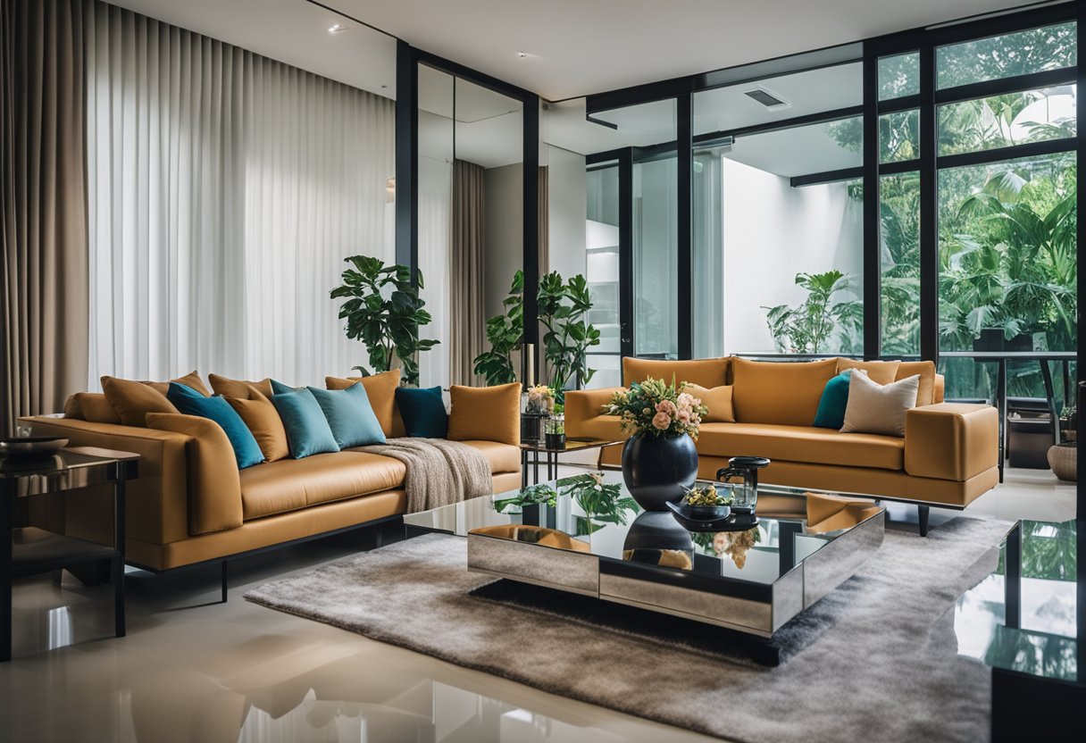 A sleek, modern living room with mirrored furniture reflecting the vibrant colors and textures of Singaporean homes