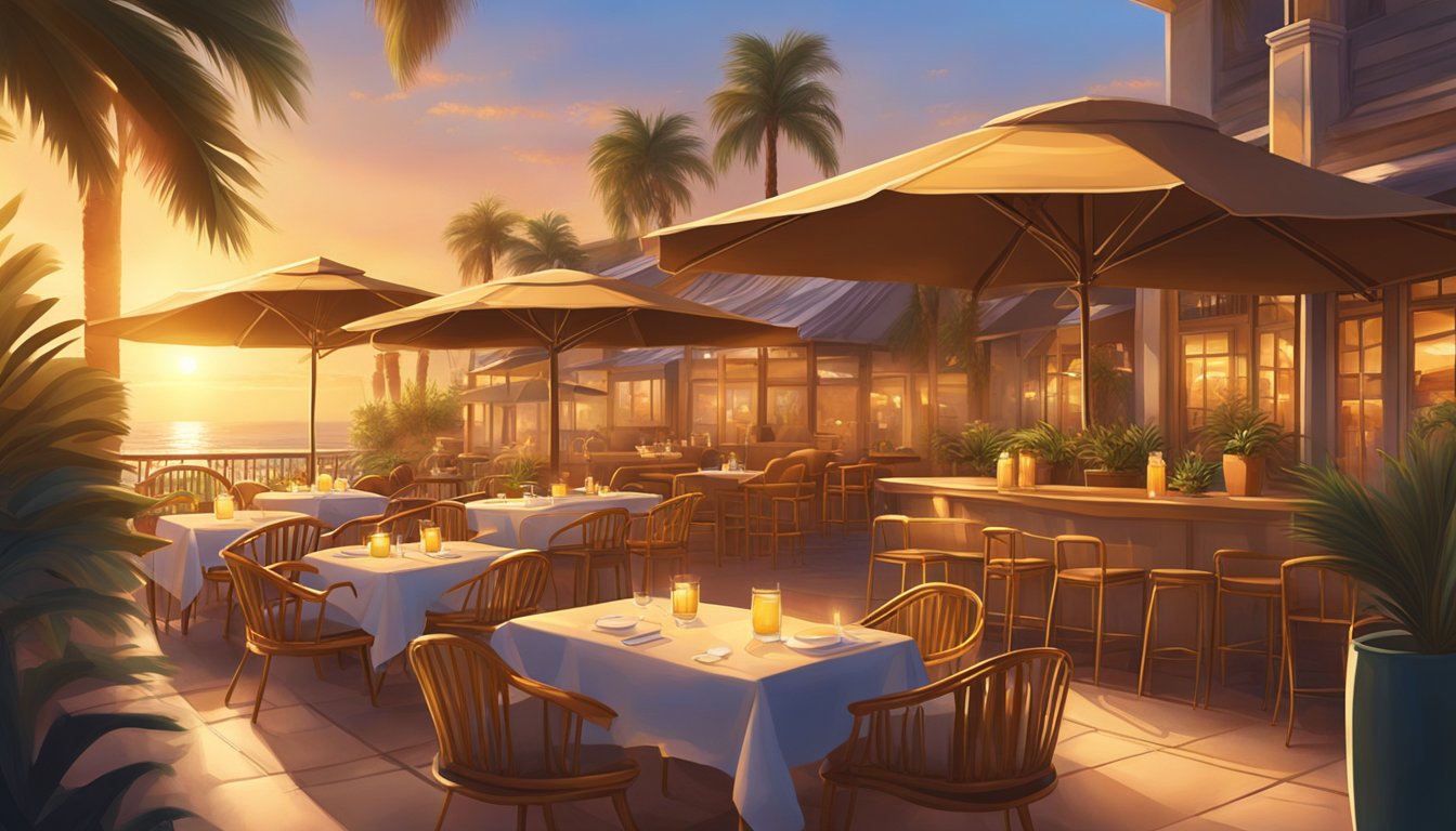 The warm glow of the setting sun casts a golden light over the outdoor seating area of a cozy restaurant nestled among palm trees