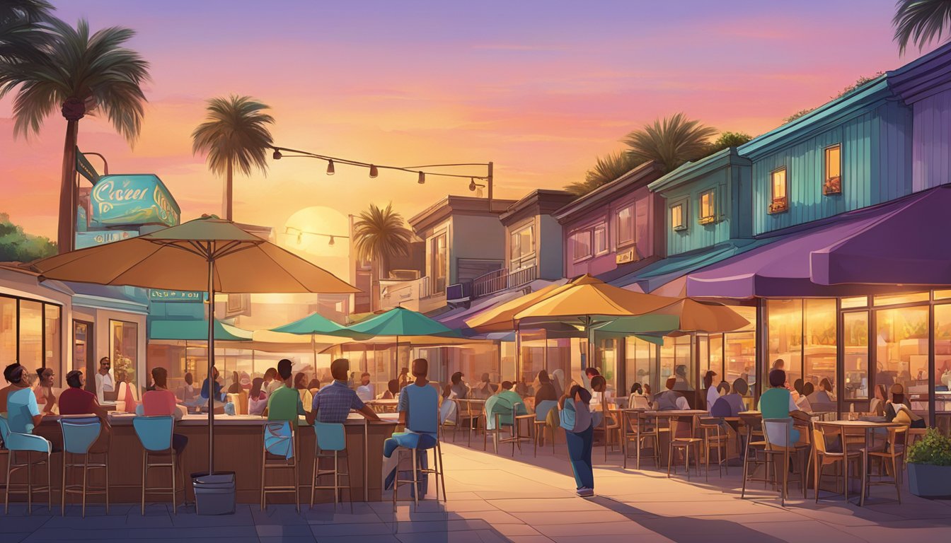 The sun sets over a row of diverse restaurants at Sunset Way, with colorful signage and bustling outdoor seating