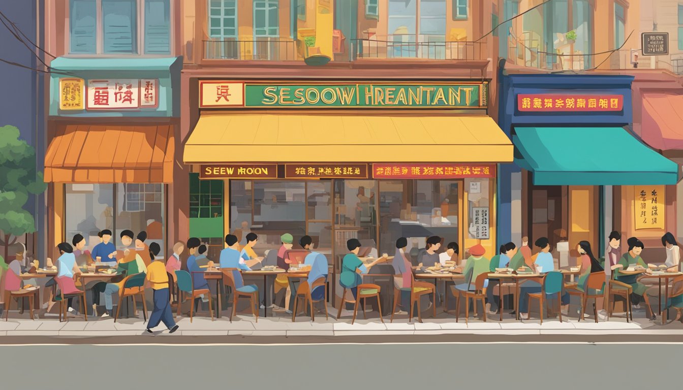 A bustling street corner with a colorful sign reading "Seow Choon Hua Restaurant." Tables spill onto the sidewalk, where patrons enjoy steaming bowls of noodles and sizzling stir-fries