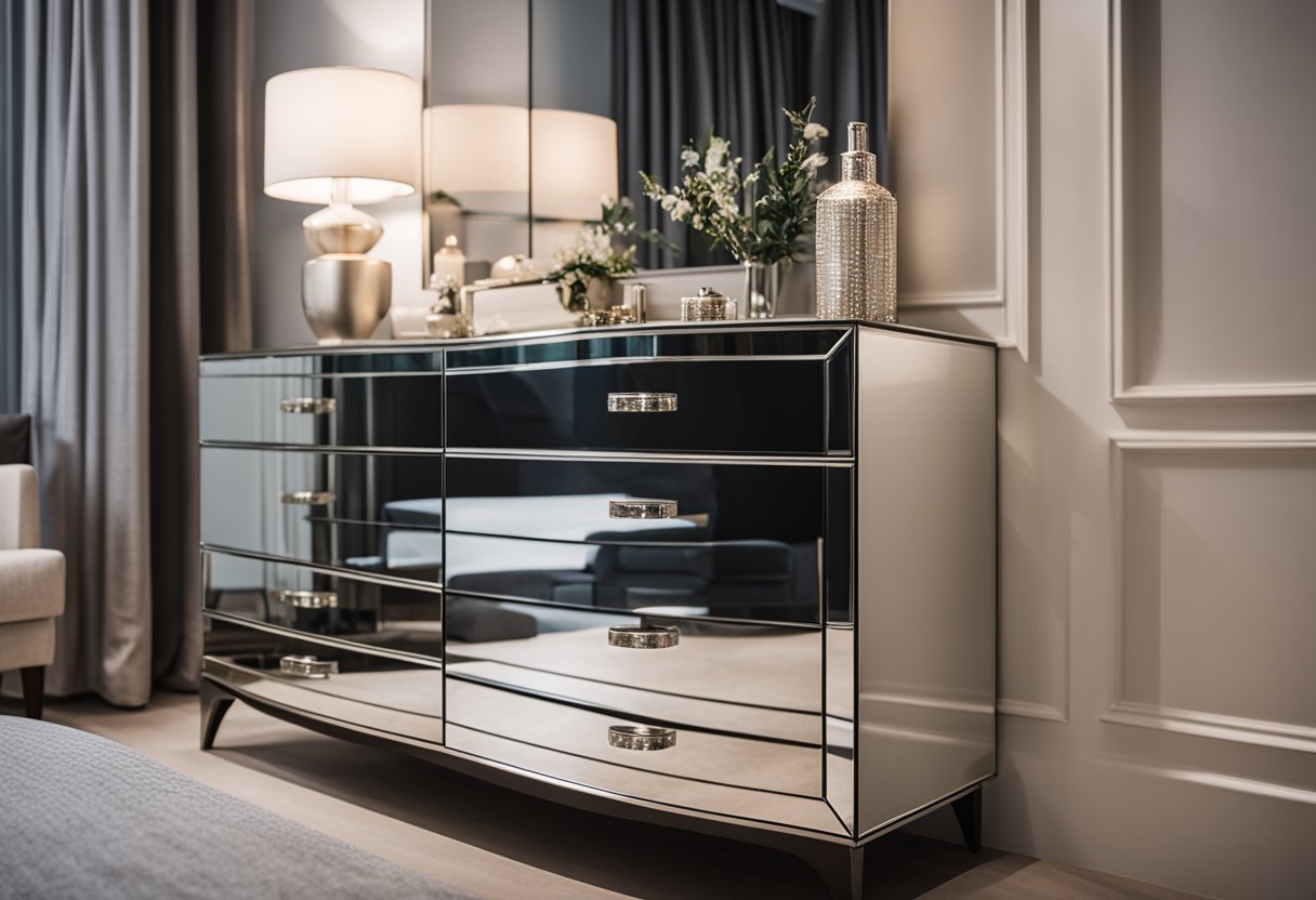 A sleek mirrored dresser reflects soft ambient light in a modern bedroom, creating a sense of spaciousness and elegance