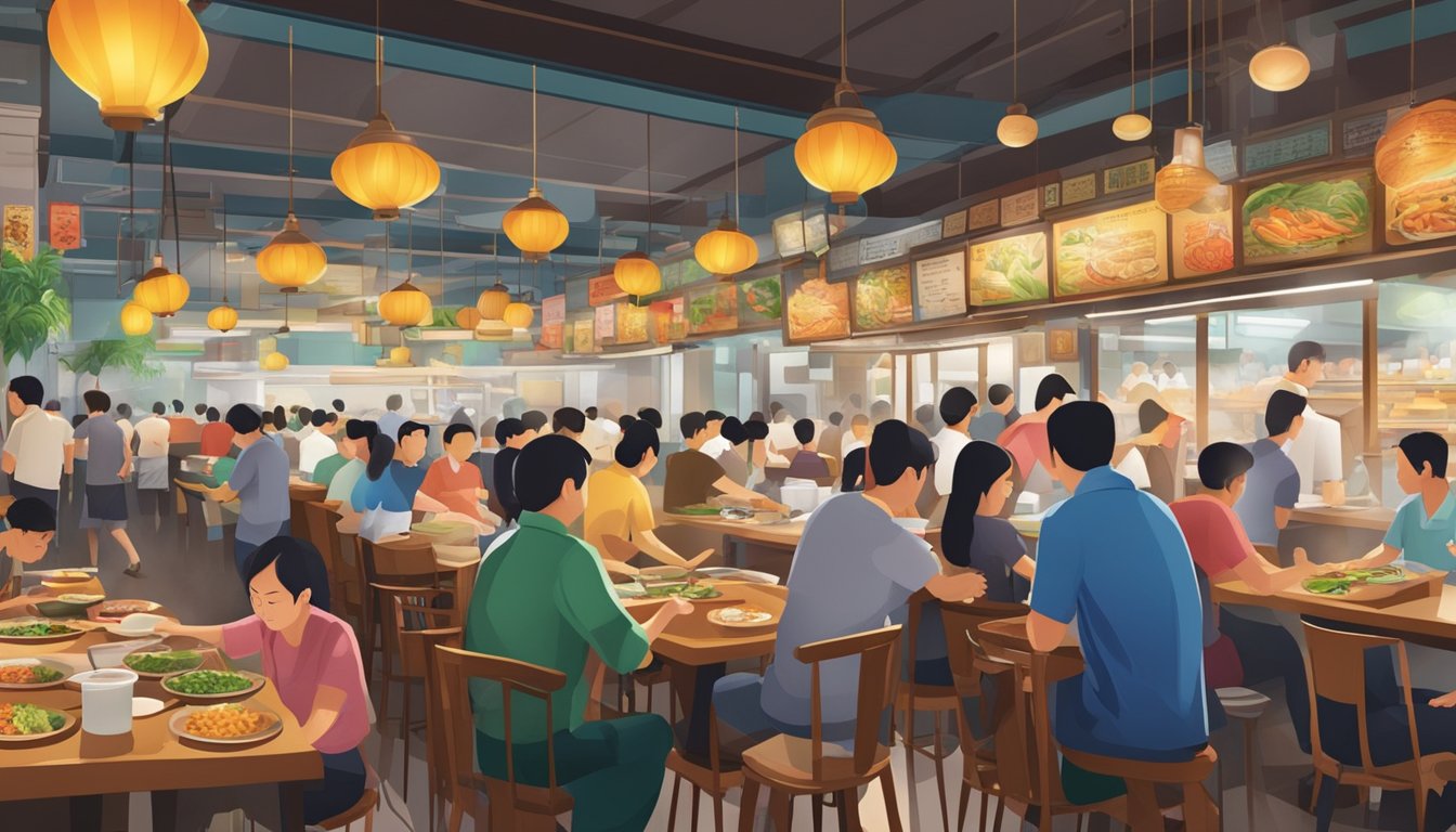 A bustling Hokkien restaurant in Singapore, with steaming hot pots, sizzling woks, and colorful ingredients lining the kitchen. Customers eagerly await their orders at the crowded tables