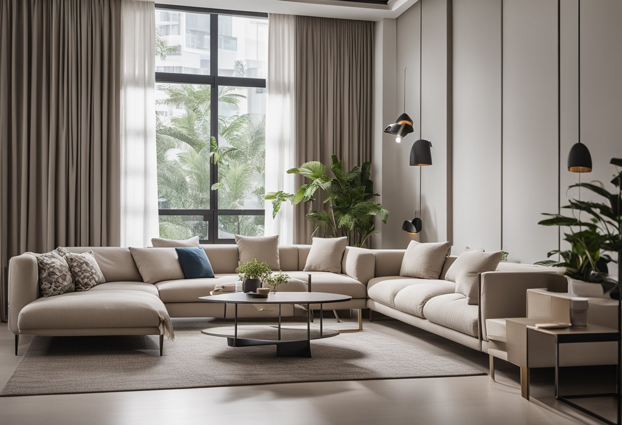 A cozy living room with modern, affordable furniture in Singapore. Clean lines, neutral colors, and functional design