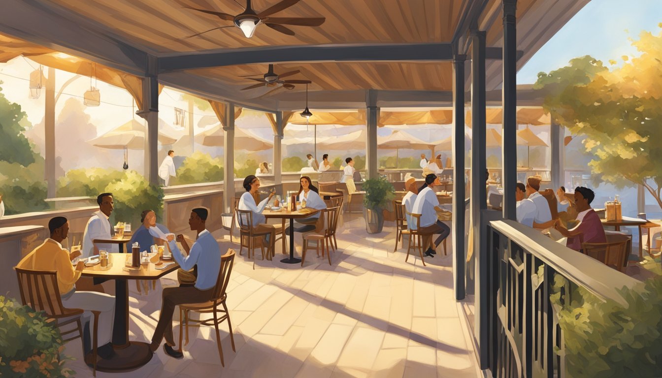 The restaurant's outdoor patio is bathed in warm, golden light as diners enjoy their meals. The waitstaff move gracefully between tables, attending to guests with attentive and friendly service