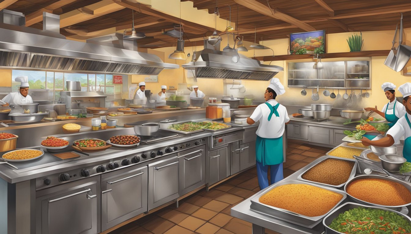 The bustling kitchen at Banafee Village Restaurant showcases a colorful array of culinary delights and menu highlights, with sizzling pans, aromatic spices, and vibrant ingredients on display