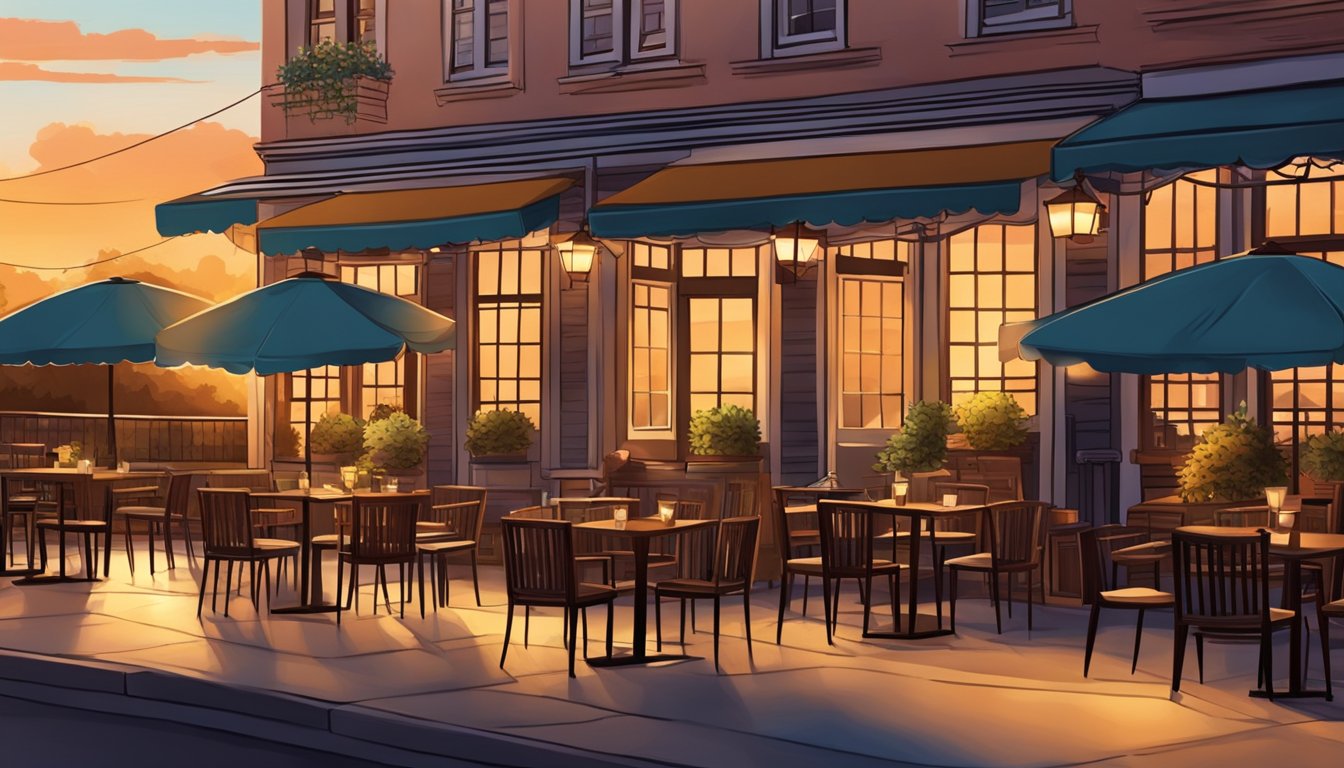 The sun sets behind a cozy restaurant with outdoor seating, as customers enjoy their meals and chat with friends