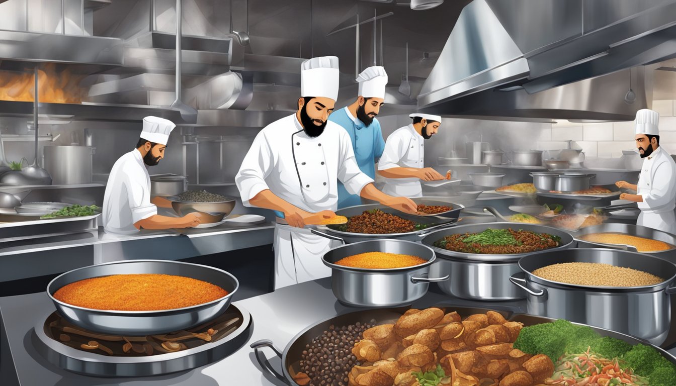 The bustling kitchen of Hameediyah restaurant, with chefs expertly preparing aromatic dishes amidst a symphony of sizzling pans and fragrant spices