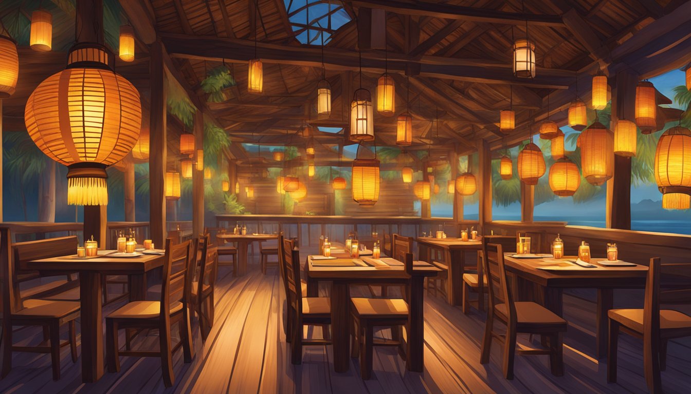 The warm glow of hanging lanterns illuminates the rustic wooden tables set with colorful woven placemats. Aromas of exotic spices and sizzling meats fill the air, creating a lively and inviting dining atmosphere at Banafee Village restaurant