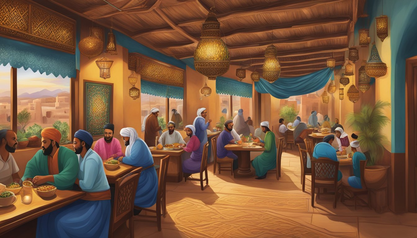 Customers entering Hameediyah restaurant, greeted by the rich aroma of spices and sizzling food. Decor includes traditional artwork and colorful fabrics