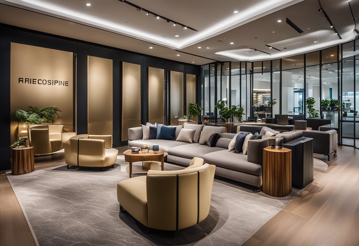 A modern showroom with sleek furniture displays and soft ambient lighting in Excel Furniture Singapore