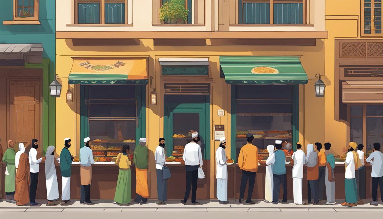 Customers line up outside Hameediyah Restaurant, eagerly waiting to sample the renowned dishes. The aroma of spices and sizzling food fills the air, creating a vibrant and bustling atmosphere