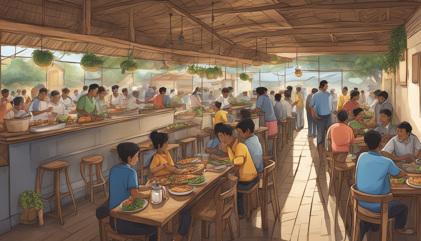 A bustling restaurant in Banafee village, with customers lined up at the counter, tables filled with delicious food, and staff busy attending to guests' needs