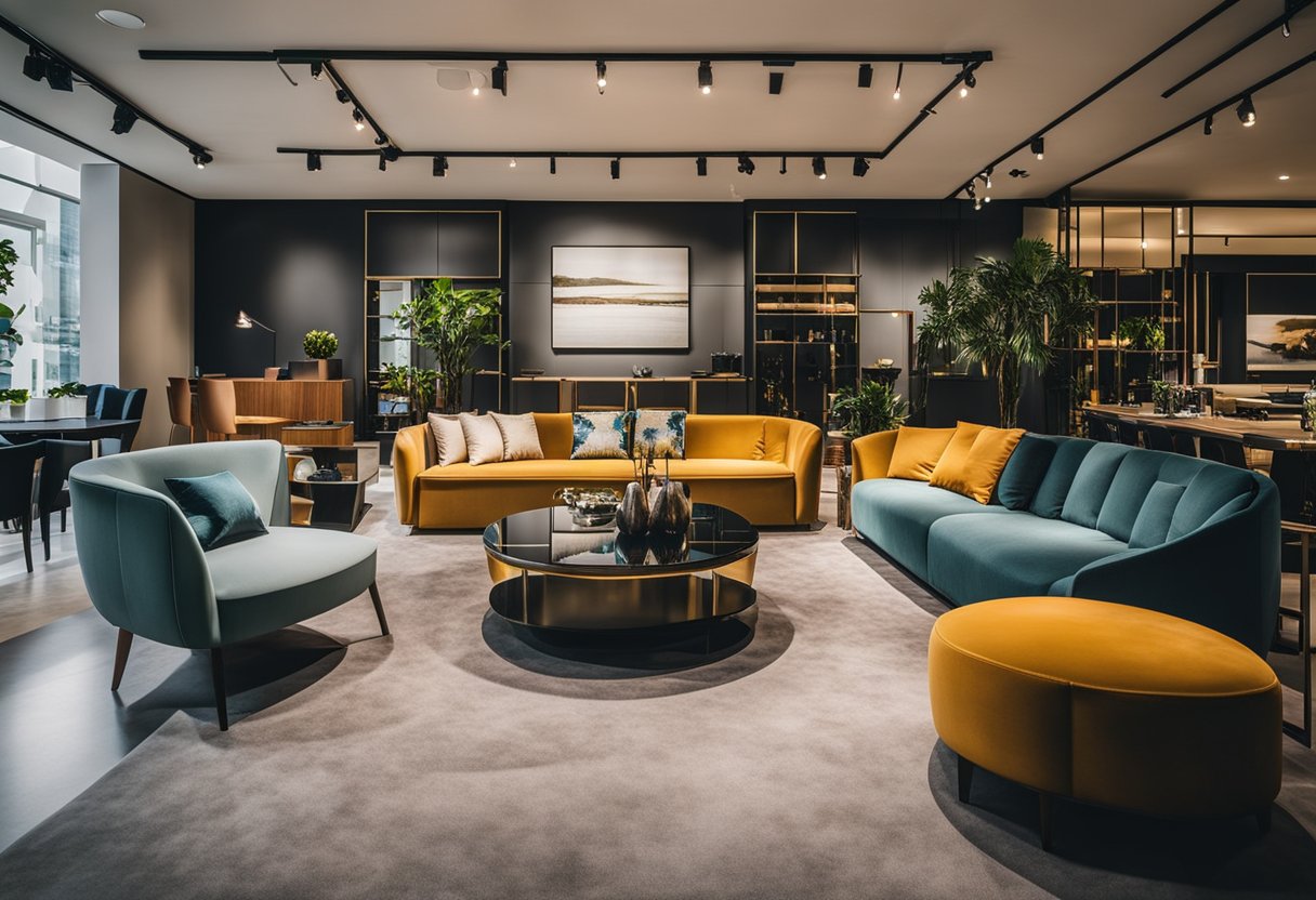 A modern furniture showroom in Singapore, with sleek designs and vibrant colors, showcasing the latest trends in home decor