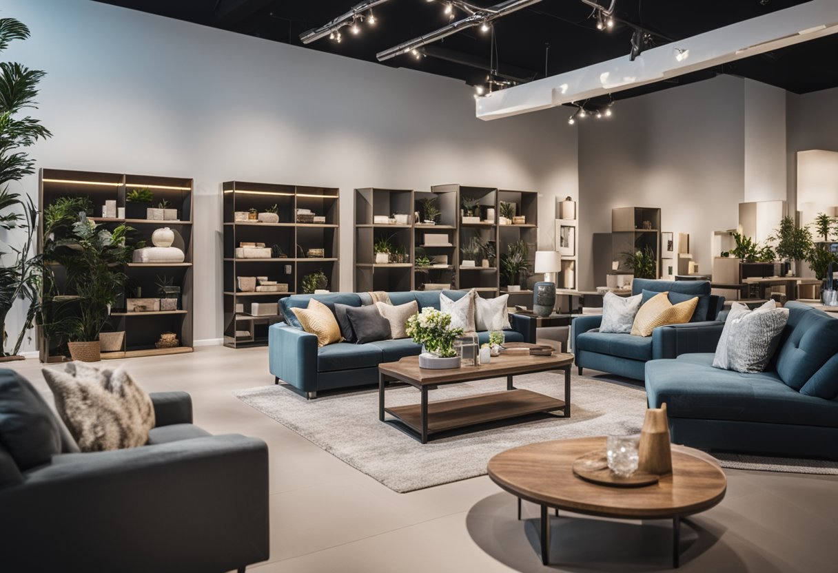 A bright, spacious showroom with a variety of stylish and affordable furniture displayed in organized sections, accompanied by helpful staff ready to assist