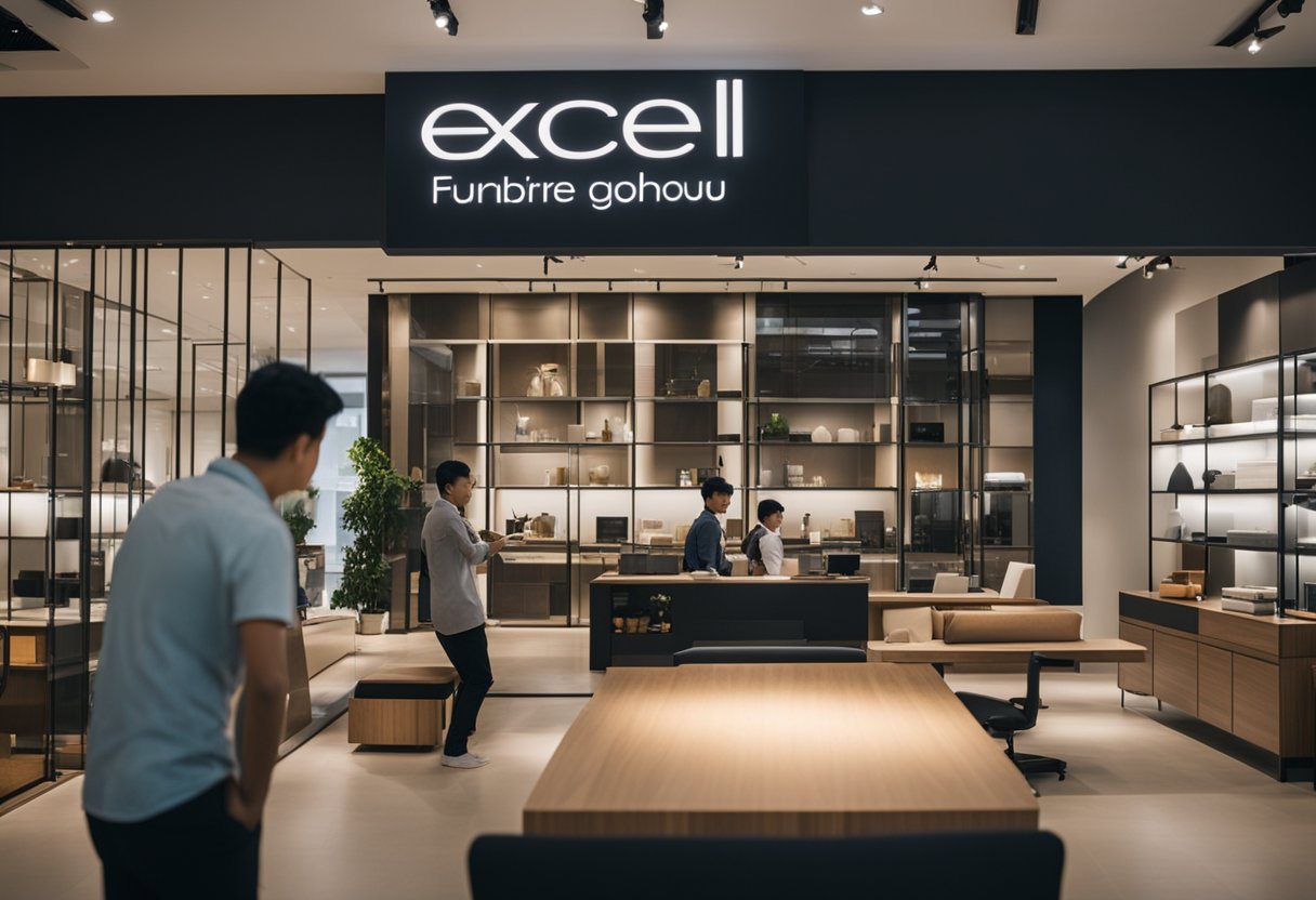 Customers browsing through modern furniture displays at Excel Furniture Singapore showroom