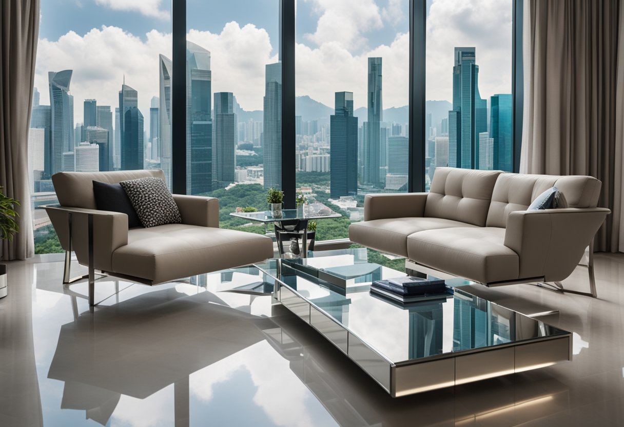 A sleek mirrored furniture set stands in a modern Singaporean living room, reflecting the city's skyline through floor-to-ceiling windows