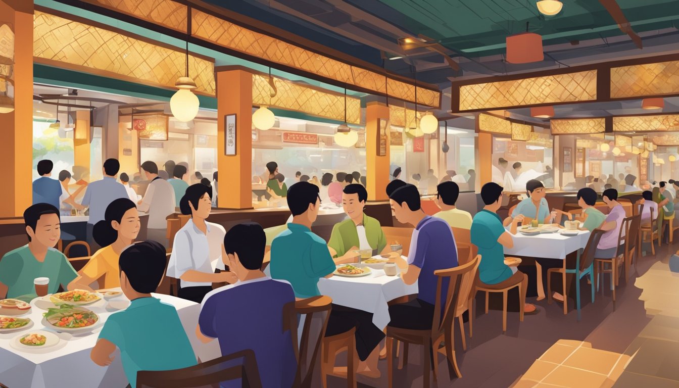 A bustling hokkien restaurant in Singapore, with tables filled with patrons and the aroma of sizzling dishes in the air