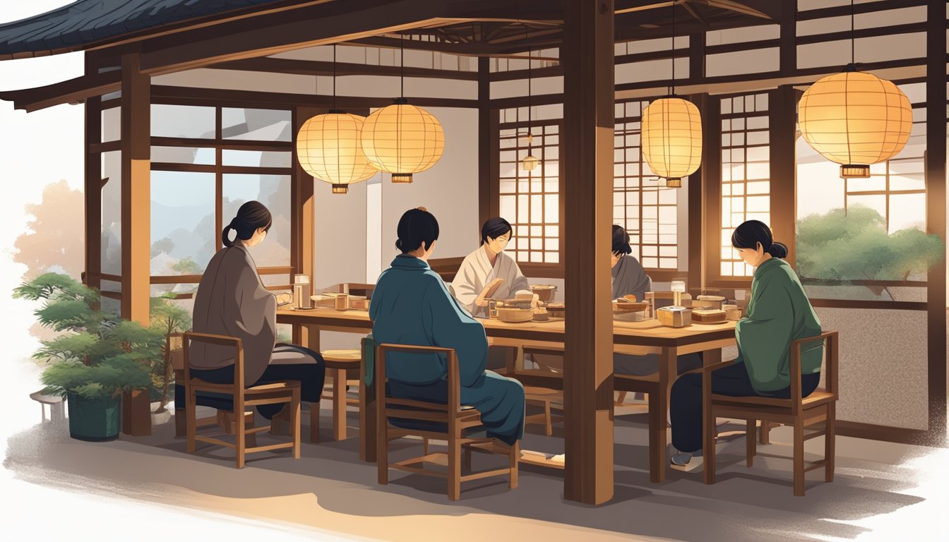 Customers slurping soba in a cozy, traditional Japanese restaurant with wooden furnishings and paper lanterns