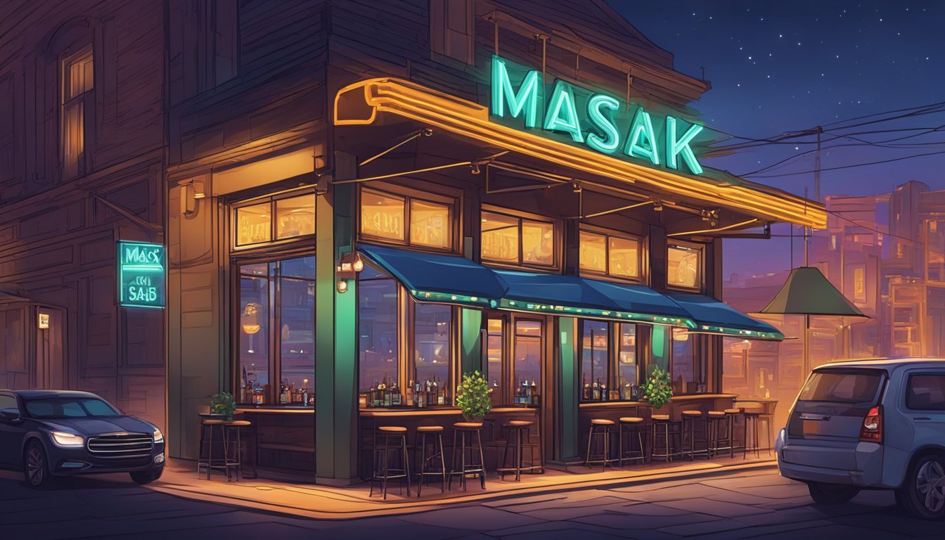 The Mask Restaurant and Bar: vibrant neon sign, cozy outdoor seating, bustling interior, elegant bar, and delicious food and drinks