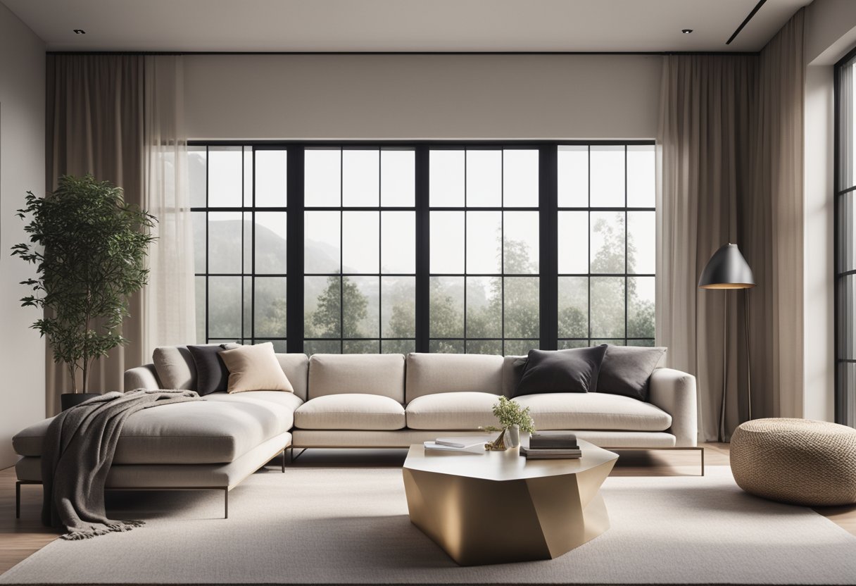 A sleek, minimalist living room with a neutral color palette, a cozy sectional sofa, a geometric coffee table, and large windows letting in natural light