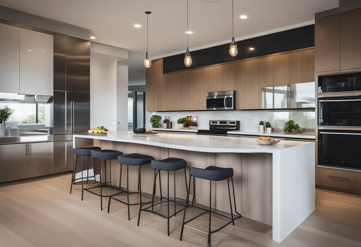 A modern kitchen with sleek countertops, stainless steel appliances, and a large island with bar stools. Natural light pours in through a window, illuminating the clean, minimalist design