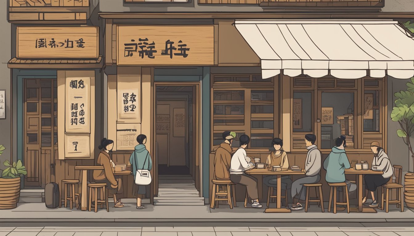 Customers line up outside a rustic soba restaurant. A sign reads "Frequently Asked Questions" in bold letters. The interior is cozy, with wooden tables and steaming bowls of noodles