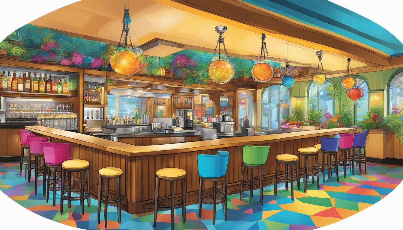 The vibrant restaurant and bar, "Visitor Information," is adorned with colorful masks and lively decor, creating an inviting and festive atmosphere