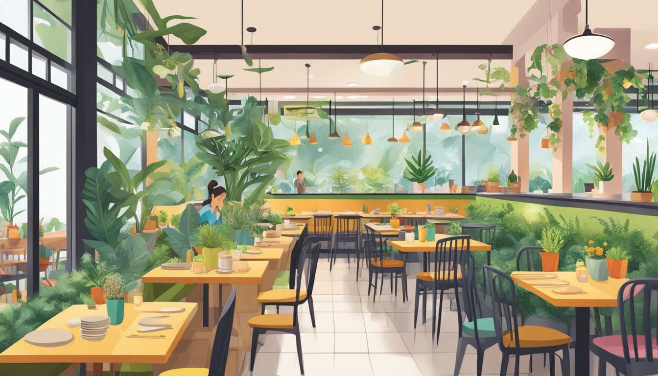 A bustling vegetarian restaurant in Jurong East, with colorful decor and a variety of plant-based dishes on the tables